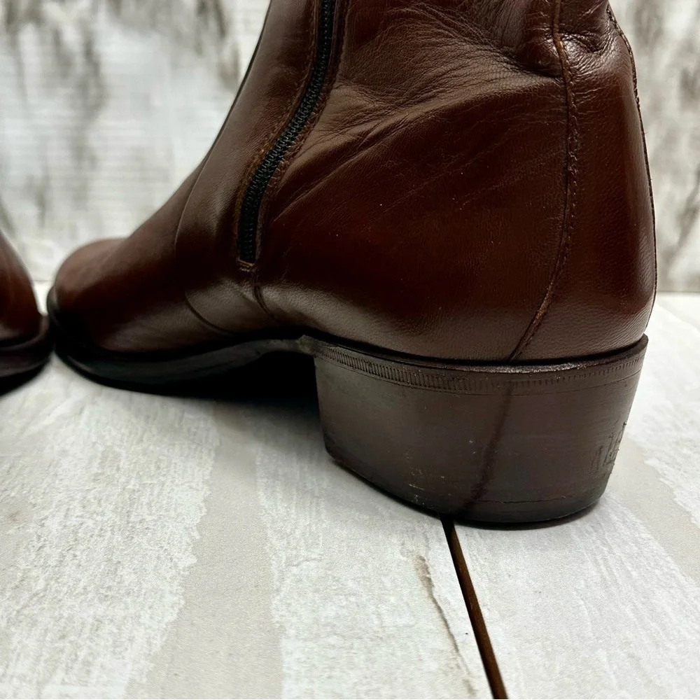 Men Classic Warm Brown Leather Resoled Office Side Zip Dress Boots Stacked Heel